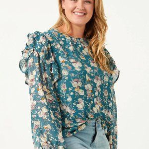 Ladies Plus Teal & Purple Floral Ruffle Blouse - FINAL CLEARANCE